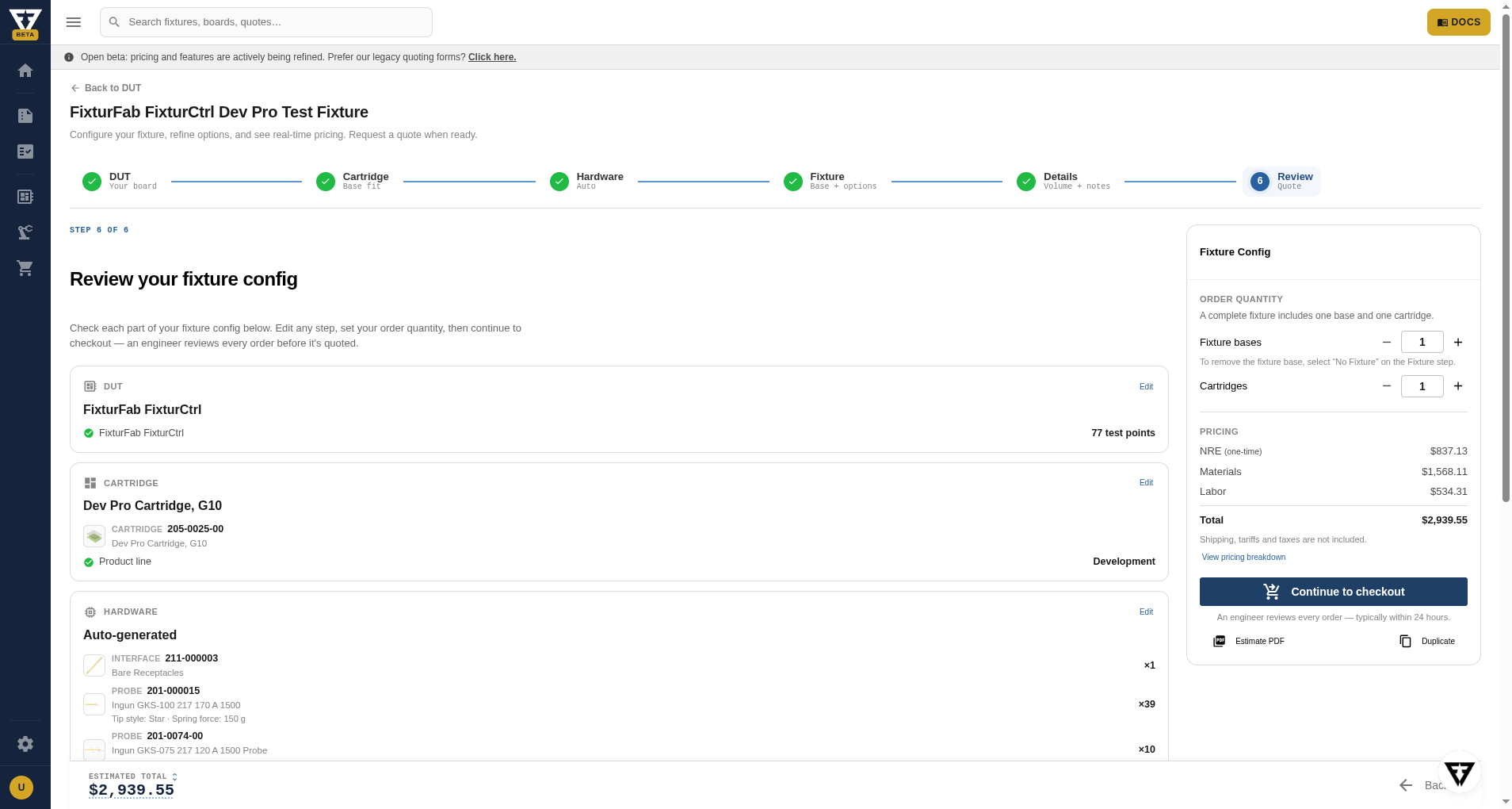 Review step with pricing