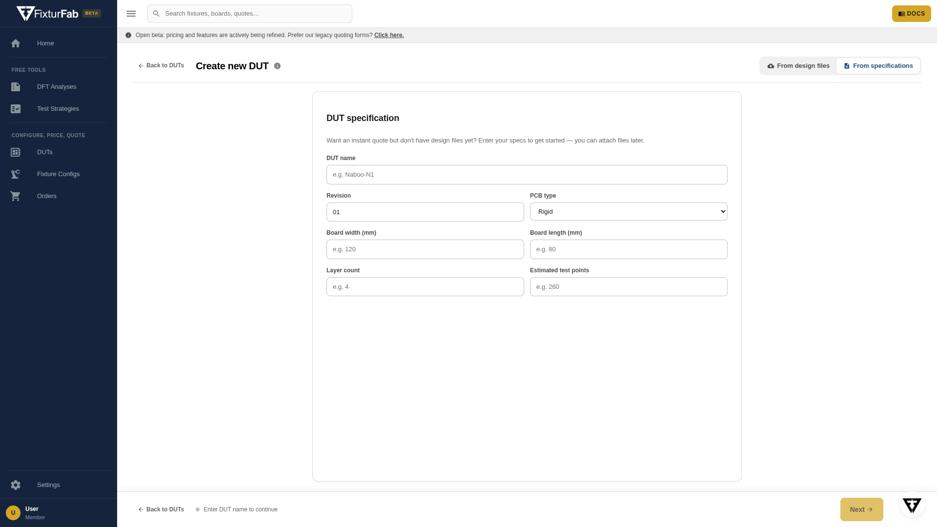 Create a DUT from specifications