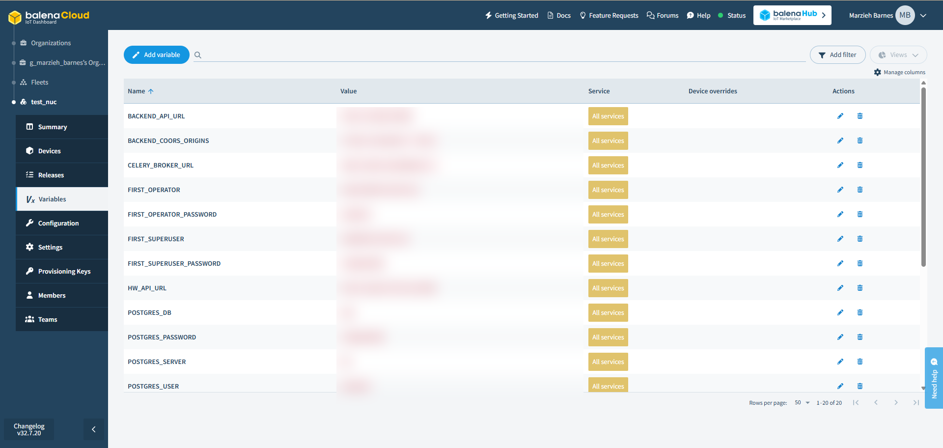 balenaCloud fleet variables